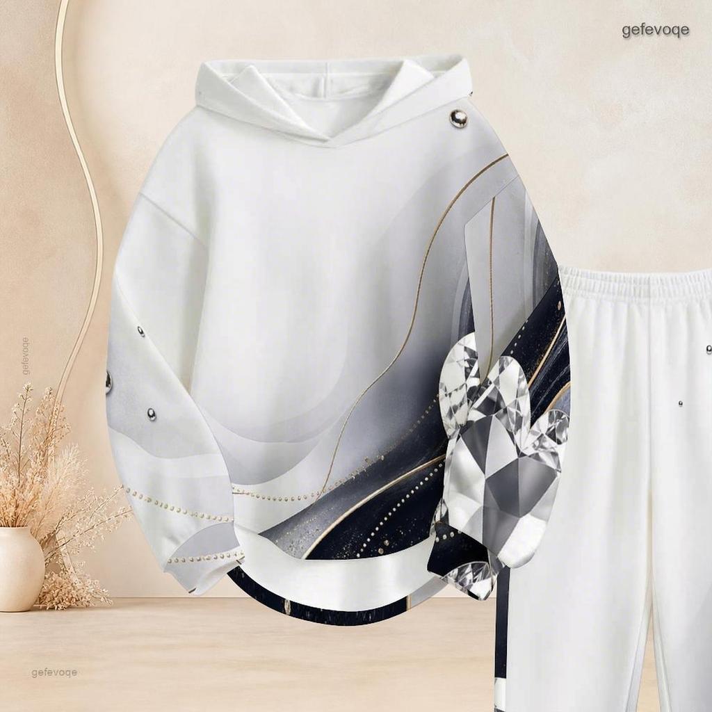 Women Plus Size Gem Heart Printed Two Piece Set Long Sleeve Hooded Top Cuffed Pants
