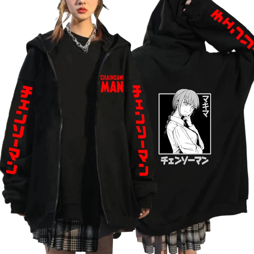 Anime Chainsaw Man Printed Zipper Hoodie Women Casual Loose Retro Harajuku Autumn Winter Long Sleeve Jacket Sweatshirts