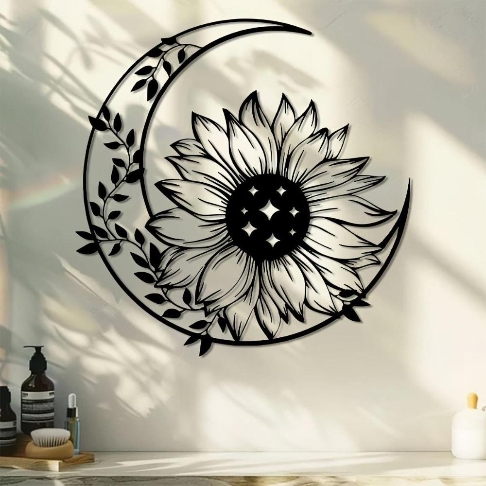 Sunflower Metal Wall Art Intricate Blackwork Crescent Moon Sun Design Home Patio Balcony Decor Housewarming Gift