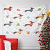 Dachshunds In Sweaters with Festive Elements On a White Background. Patterned Tapestry for Bedroom and Living Room Home Decor