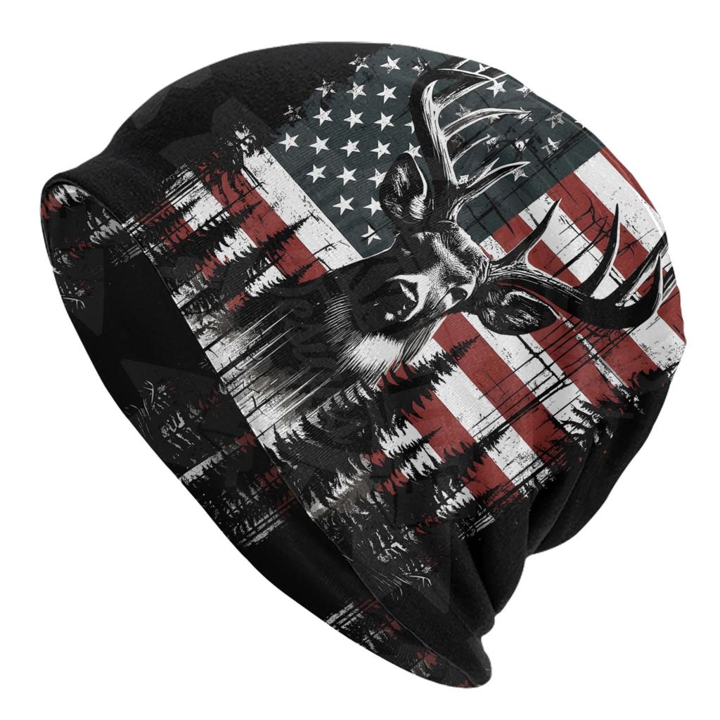 1Pc Fashionable Deer & American Flag Print Skullies Beanie - Polyester & Elastane Knitted Sport Hat For Outdoor Activities