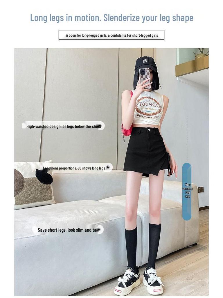 Summer Black High Waist Ruched Mini Skirt for Women - Slimming, Irregular A-Line Design, Polyester