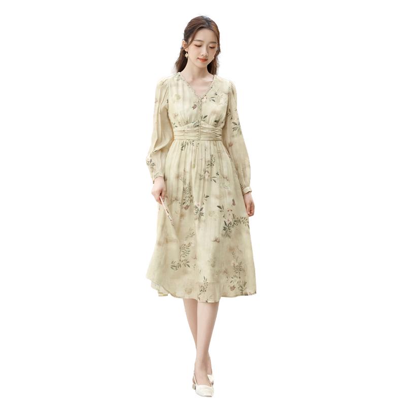 Xiangying 2026 Spring New Chinese Style Floral V-neck Long Sleeve Dress S