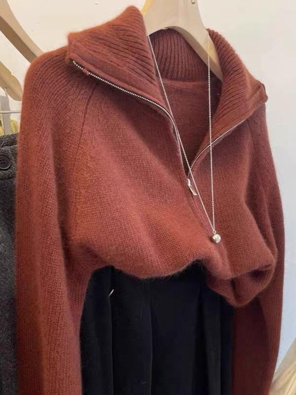 100% Pure Wool Women's Korean Style Lapel Raglan Sleeve Half Zip Loose Knit Sweater