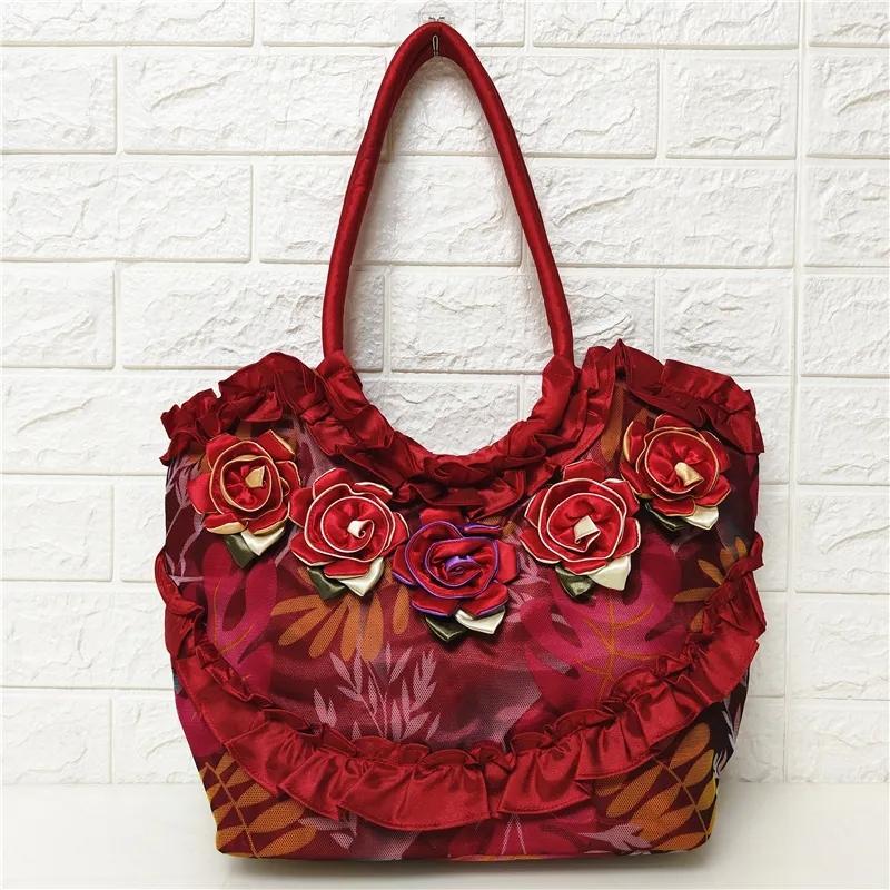WTEMPO Duża pojemność pojedyncze torby na ramię damskie ręcznie robione torebki kwiatowe torby etniczne Hanfu torby z jedwabiu