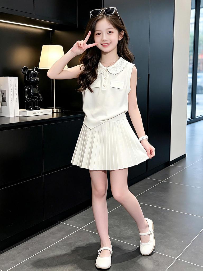 Girls' 2026 Summer Sleeveless Doll Collar Vest & Pleated Skirt Set for Medium To Large Children