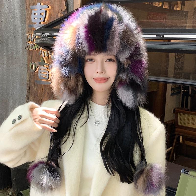 Real Fox Fur Ear Protection Hat Cute Hairball Cold Cycling Hat Warm and Fleece Knitted Wool Hat Basin Hat