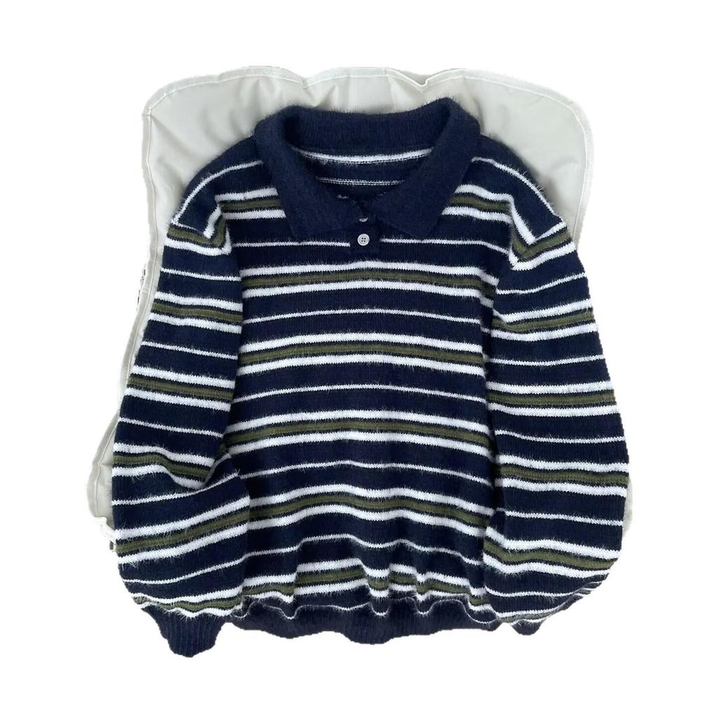 Men's Autumn/Winter High-End Retro Polo Collar Striped Mink Fur Sweater