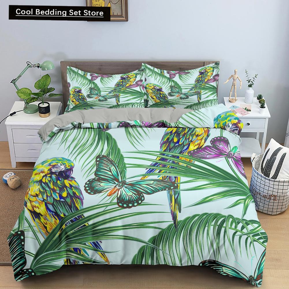 Comforter Tropical Leaves Butterfly Printed Bedding Sets With Pillow Case Luxury Polyester Queen/King Size Gift Blue