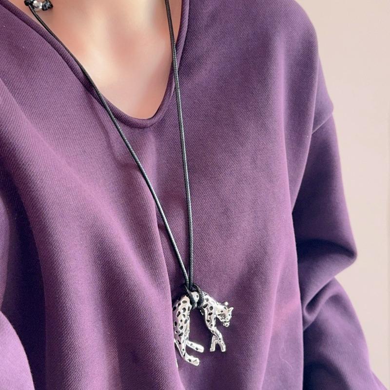 Women's Metallic Leopard Pendant Necklace Adjustable Long Black Wax Rope Sweater Chain Unique Design