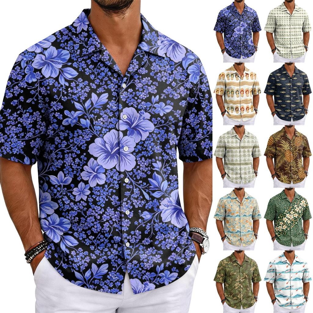 Men's Summer Short Sleeve Cuban Collar Shirt Casual Button Down Lightweight Breathable Fabric Beachwear Shirt