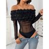 Women Sexy Mesh Off Shoulder Floral Long Sleeve Tight High Waist One Piece Jumpsuit