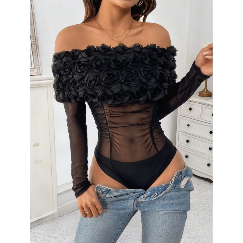Women Sexy Mesh Off Shoulder Floral Long Sleeve Tight High Waist One Piece Jumpsuit