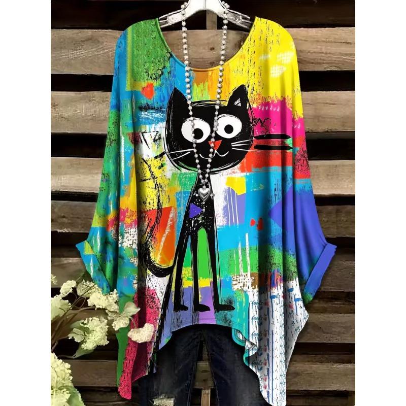 Lady's elegant floral print T-shirt, loose fit, round neck short sleeves, machine washable, casual and comfortable top