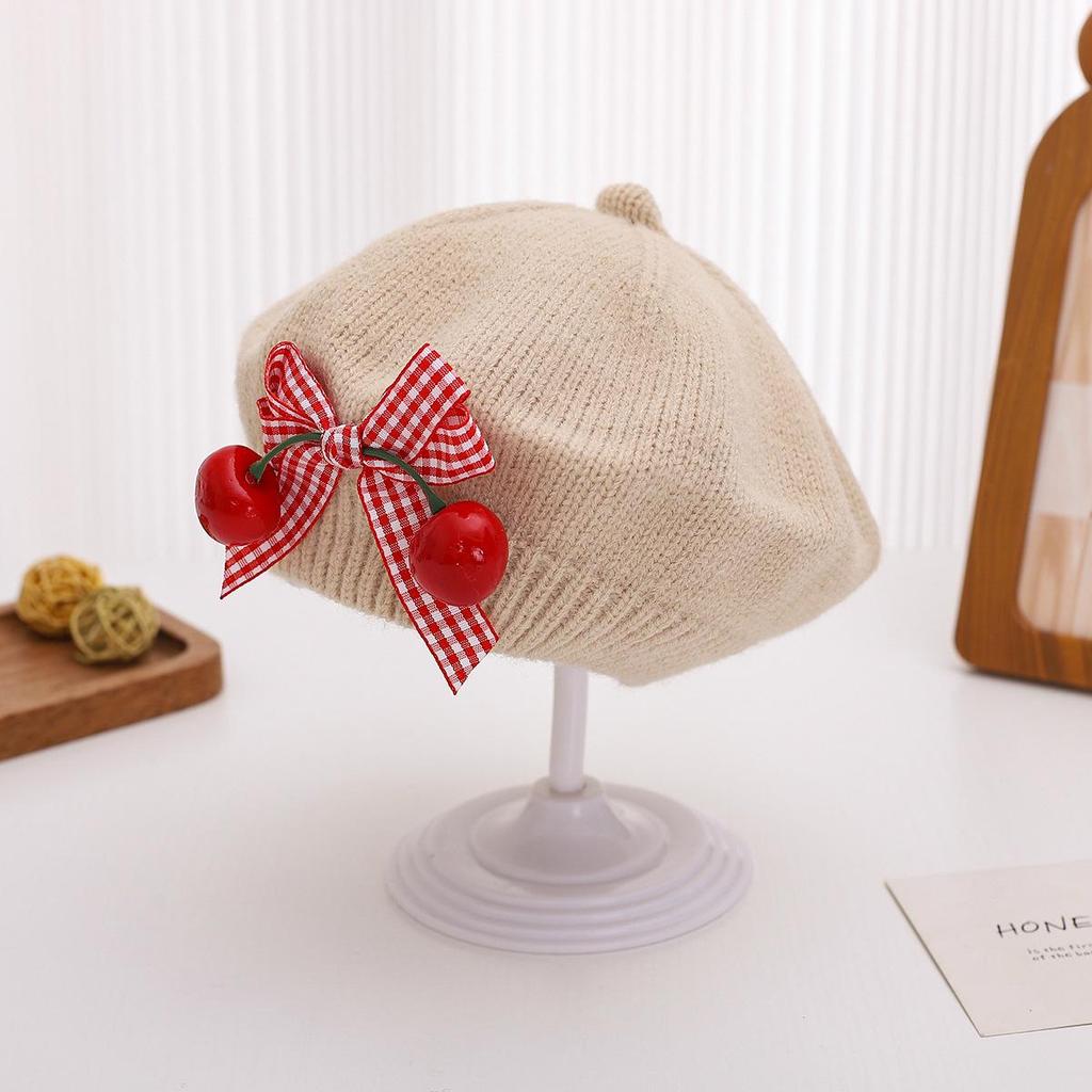 Charming Woolen Beret with Bow & Cherry for Kids - Autumn & Winter Solid Color Hat