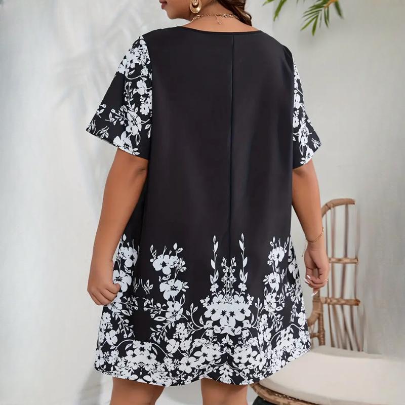 IHUASU Plus Size Women's Loose Comfortable Casual Positioning Printed Spell Mesh Short Sleeve Dresses