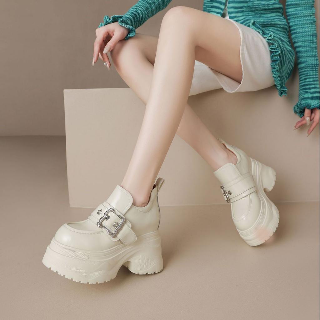 12cm Inner Height Increase Leather Women's Shoes Thick-soled Thin Loafers 2025 New Round Head Waterproof Table Muffin Sole Single Shoes