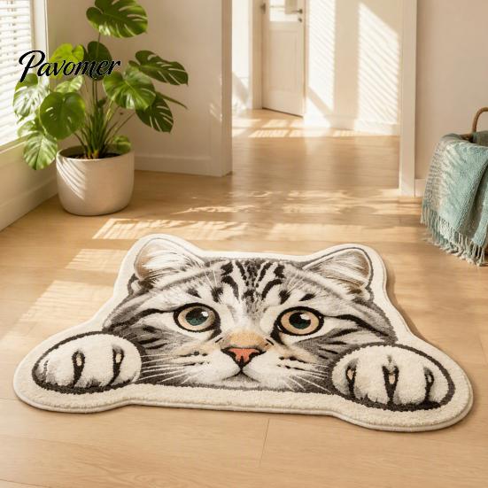 Pet Themed Home Decor Realistic 3D Sleeping Cat Plush Rug, Soft Imitation Cashmere Bath Rug Absorbent Floor Mat, Non-slip Decorative Carpet