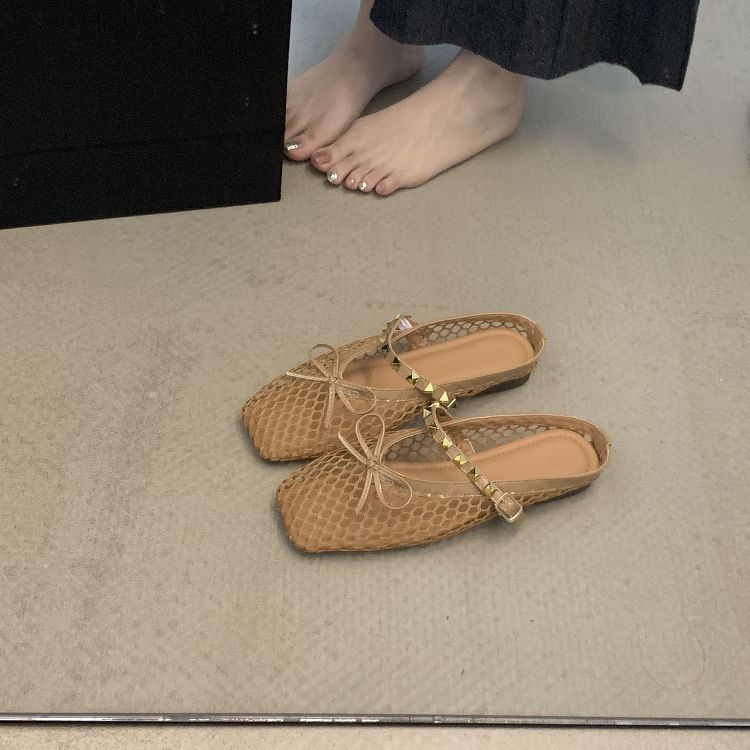 

Women s Bowknot Baotou Half Slippers Outside Summer Casual One Strap Mesh Single Shoes 40 коричневий