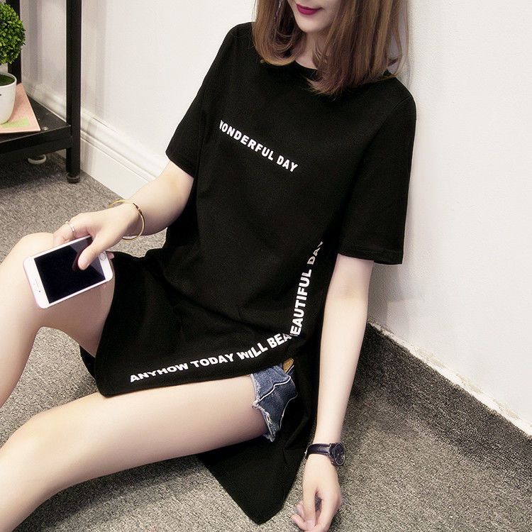 T-shirt Lunghe Stampate Estive Donna Larghe Spacco Top Femme T-shirt Manica Corta Maglietta da Donna
