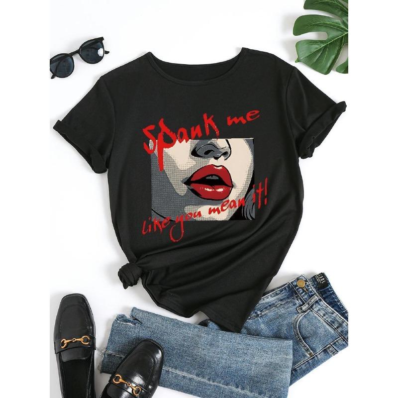 European Size Plus Size - Women'S Crew Neck T-Shirt - Bold "SPANK ME LIKE YOU MEAN IT!" Graphic Tee with Red Lettering