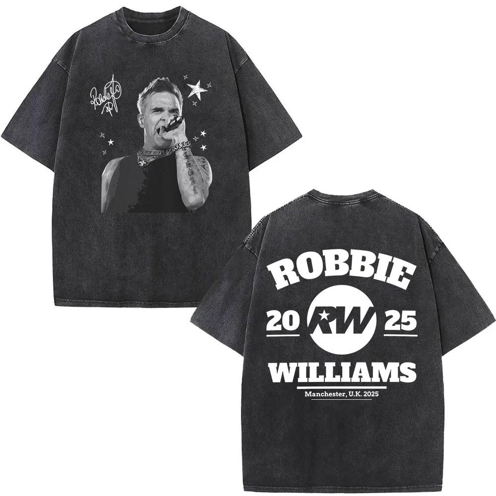 Robbie Williams Live Pw Tour Maglietta Lavata Vintage Uomo Donna Estate Girocollo T-Shirt Moda Harajuku Manica Corta T-Shirt