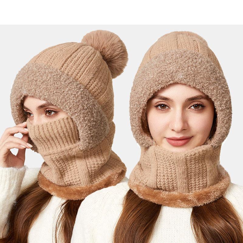 One-Piece Knitted Hat Women's Autumn Winter Thick Hat Scarf Mask One-Piece Wool Hat Cycling Windproof Warm Hat