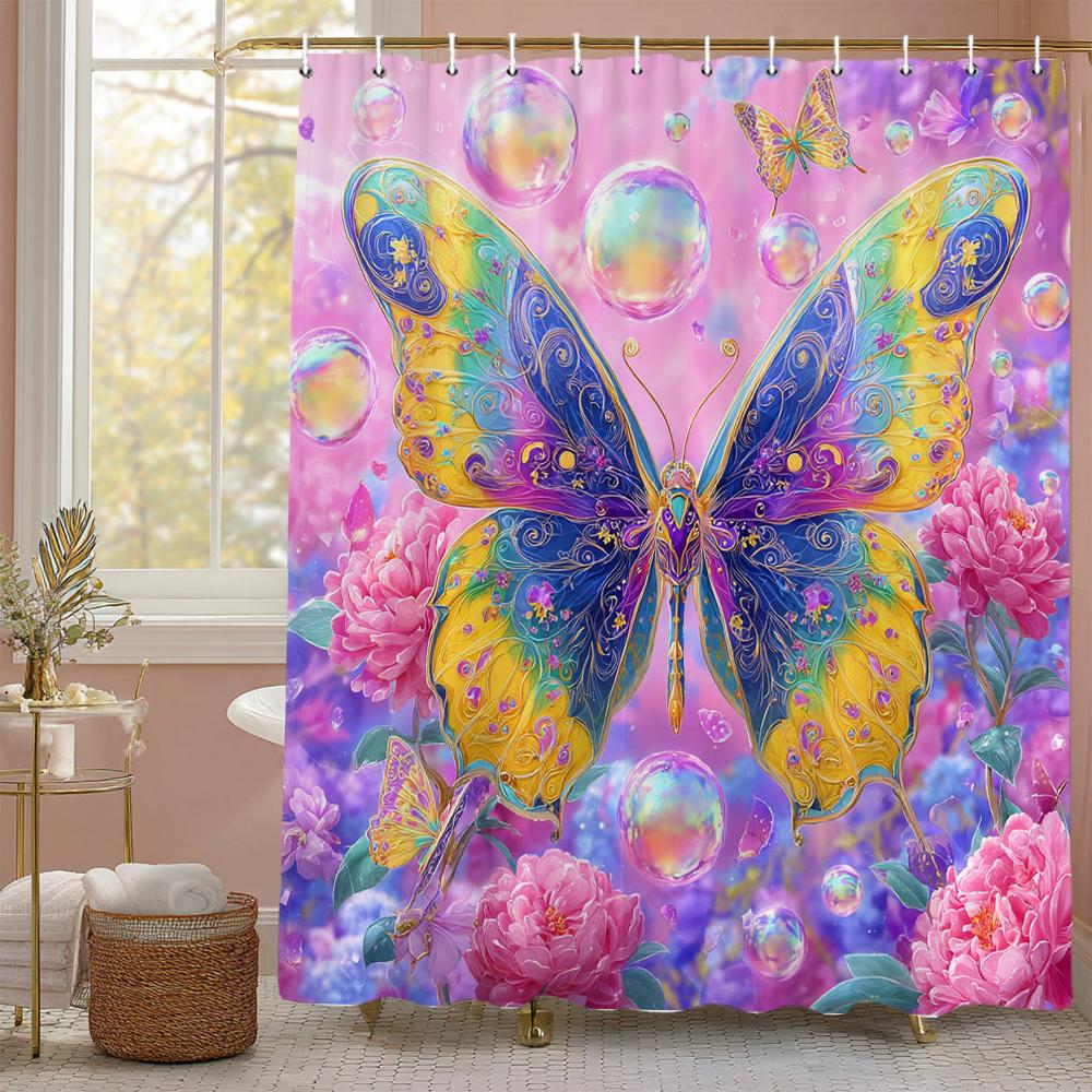 Beautiful pink butterfly pattern Shower Curtain,flowers Shower Curtain,Printed polyester fabric Bathroom Decoration Curtain