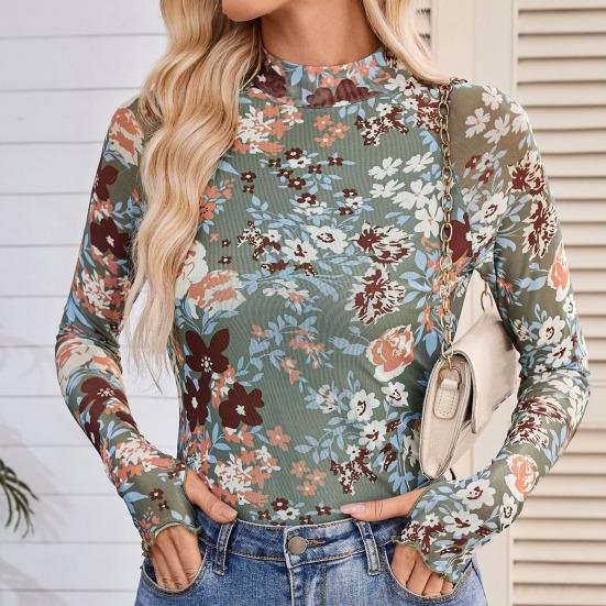 Kadın Çiçekli File Uzun Kollu Üstler Şeffaf Balıkçı Yaka Katmanlı Gömlek Dar Kesim Sonbahar İlkbahar Dışarı Çıkma Kıyafeti
