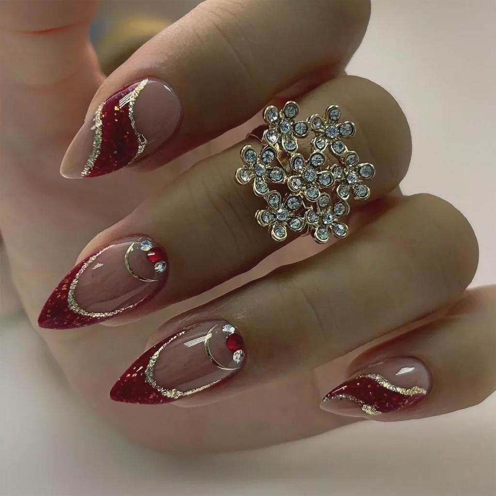 French Red Glitter Sequin Nail Art: Short Almond Fake Nails with Diamond Accent for Autumn and Winter