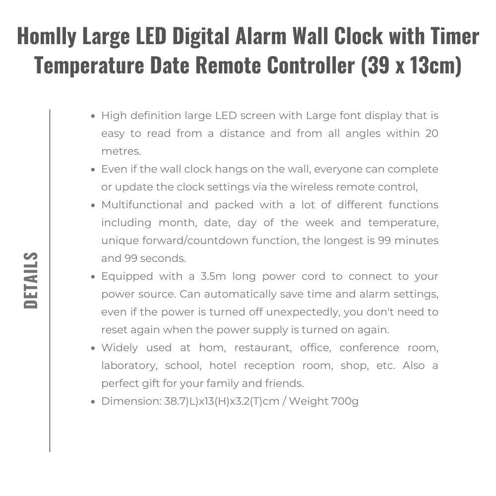 Homlly Large LED Digital Alarm Wall Clock with Timer Temperature Date Remote Controller (39 x 13cm)