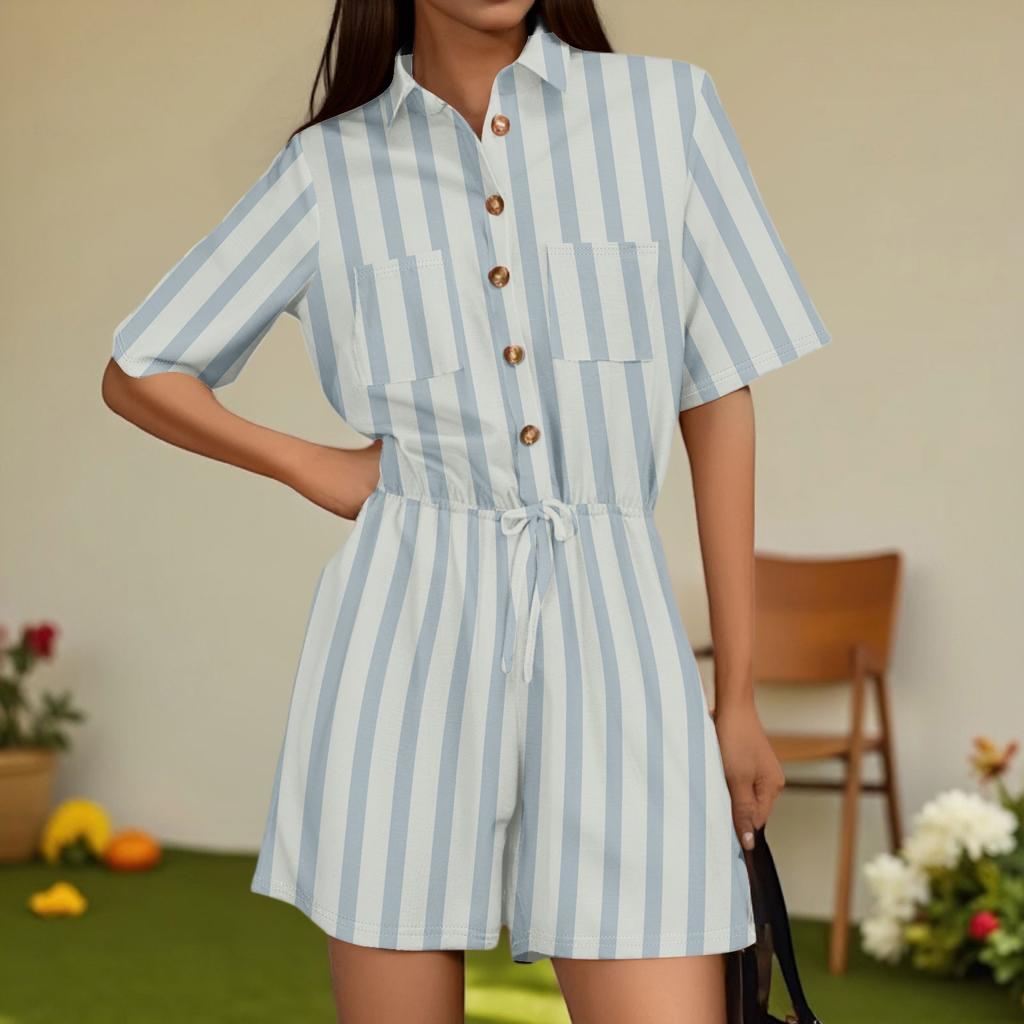 Women's Fashion V-neck Jumpsuit Plaid Casual Short Sleeve Top Jumpsuit