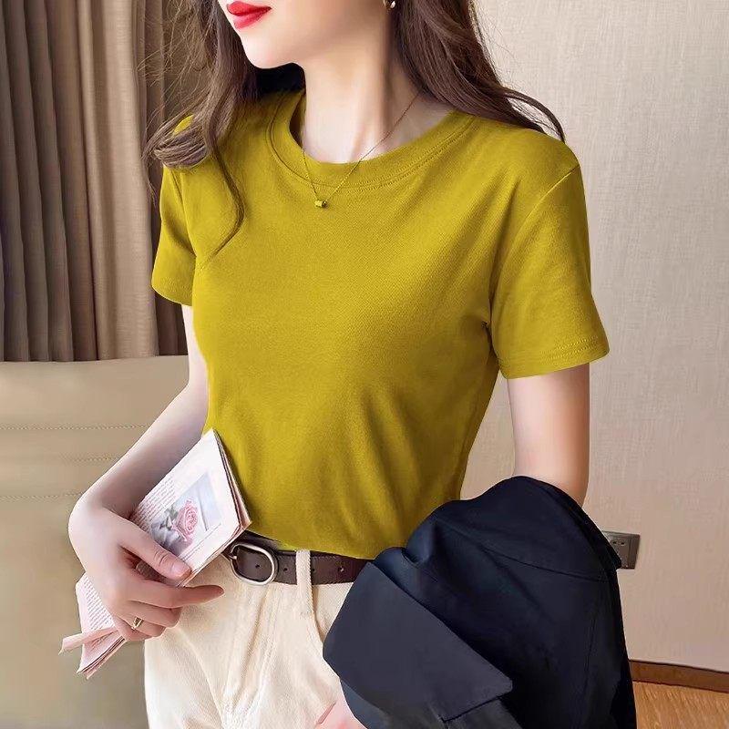 Women's Elegant Round Neck Short Sleeve Textured Solid Color T-shirt - High Stretch and Versatile Summer Top