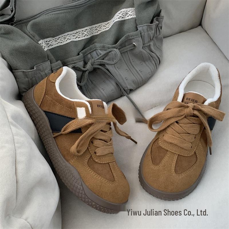 Jesień/Zima 2024 Retro Ciepłe Bawełniane Okrągły Nosek Wyściełane Futerkiem Buty Deskorolkowe Codzienne Niemieckie Trenery Buty Zimowe dla Kobiet i Mężczyzn