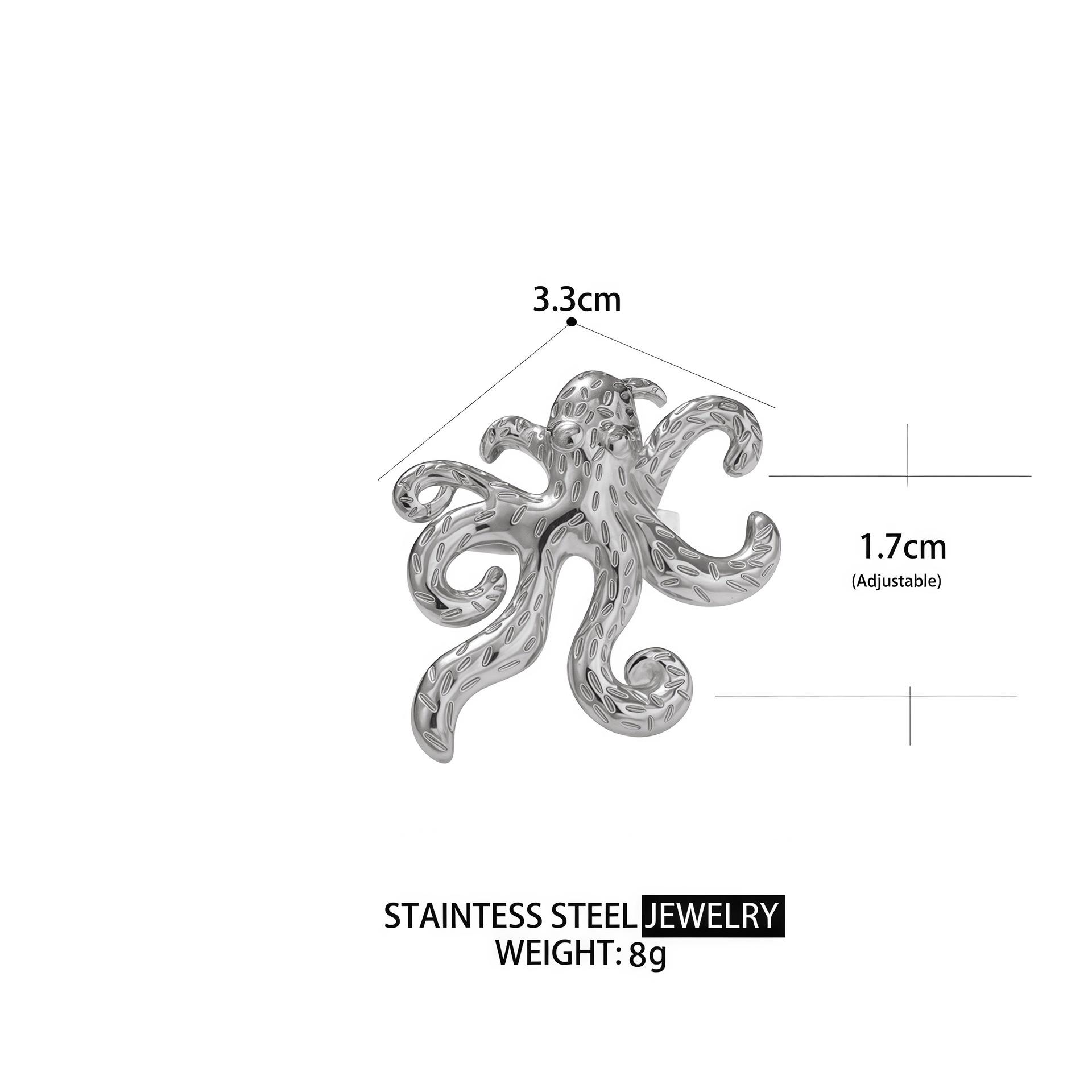 18K Gold-Plated Starfish & Jellyfish Open Ring - Ocean Style Titanium Steel for Women
