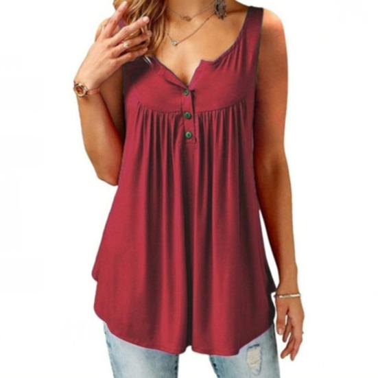 Women Solid Color U Neck Camisole Sleeveless Pleated Tank Top Button Loose Vest