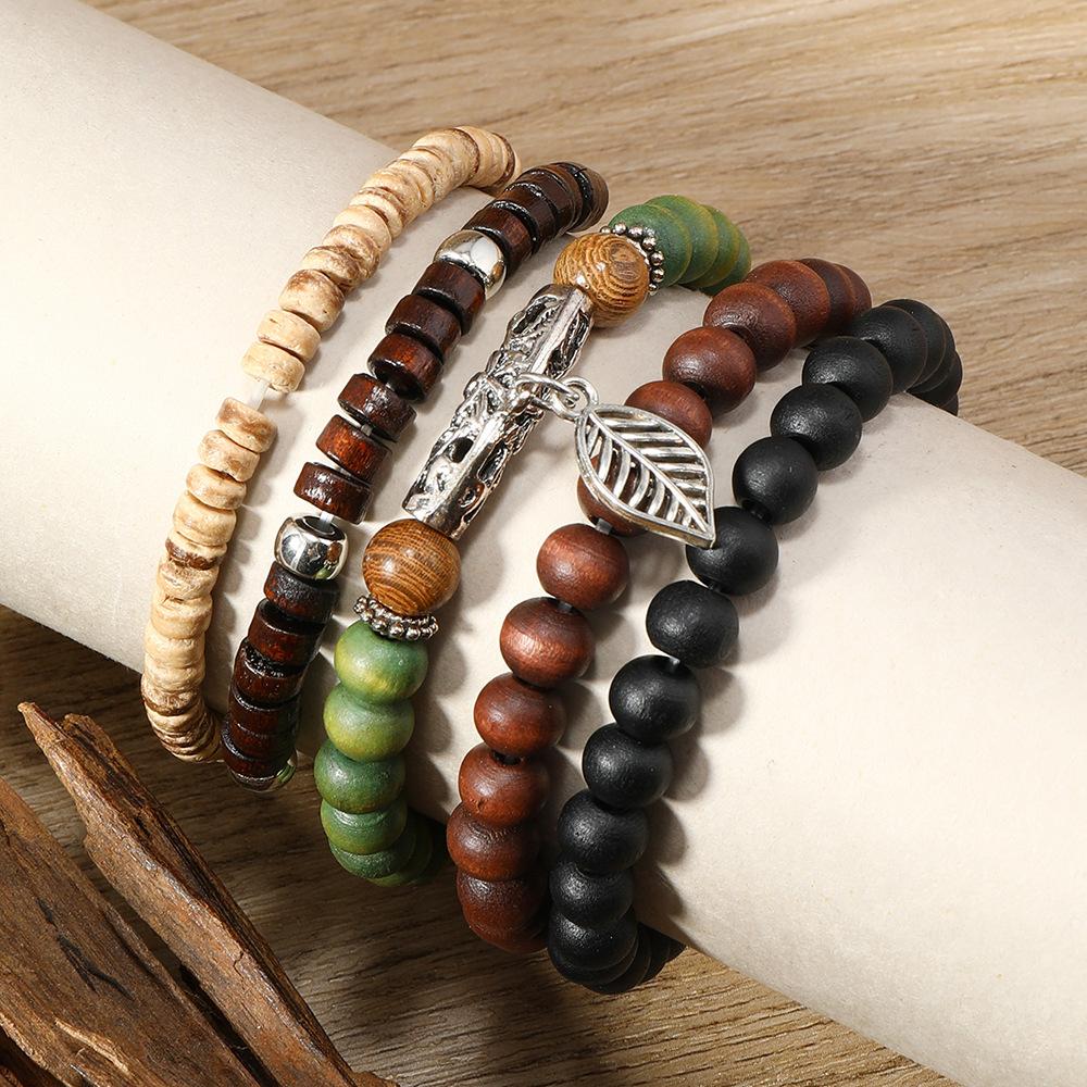 5-Piece Personalized Fashion Beaded Wood Bead Leaf Bracelet