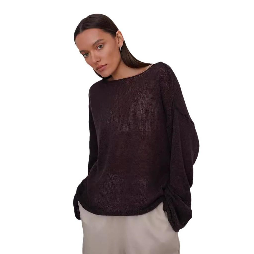 Polyester Knit Sweater With Openwork Lace Design Bell Sleeve Round Neck Summer Layering Top