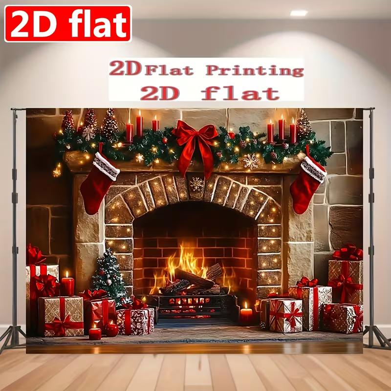 

2D Flat Christmas Background Cloth, Classic Fireplace with Gifts & Garlands Backdrop for Home Decor 47.2x31.5inch/120*80cm