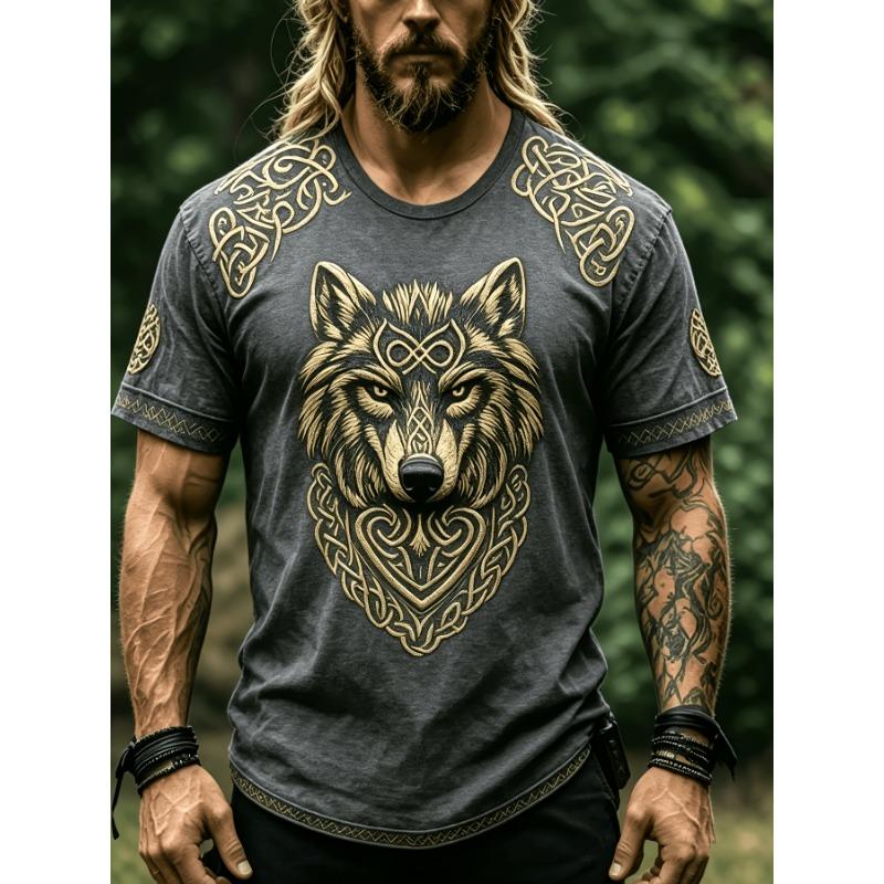 Men's Casual Short-Sleeve T-Shirt with a Wolf Head Design: Stylish, Trendy, and Unique Style for Summer Outdoors and Streetwear