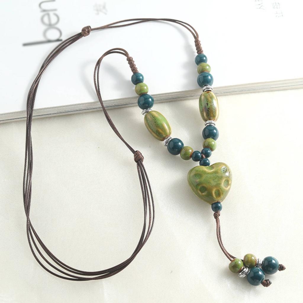 Handmade Heart-shaped Ceramic Pendant Necklace for Women Men Adjustable Necklace Ethnic Style Jewelry Gift