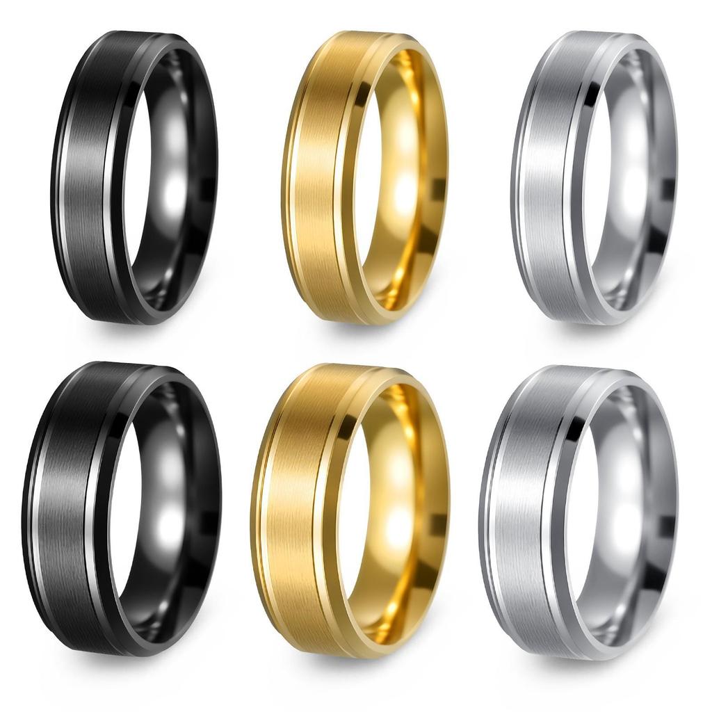 Matte Bevel Stainless Steel Couple Ring - 8/6mm Wide, 18K Gold Plated