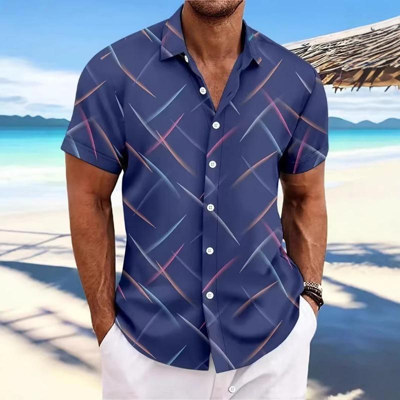 Men Colorful Geometric Print Short Sleeve Button Down Shirt