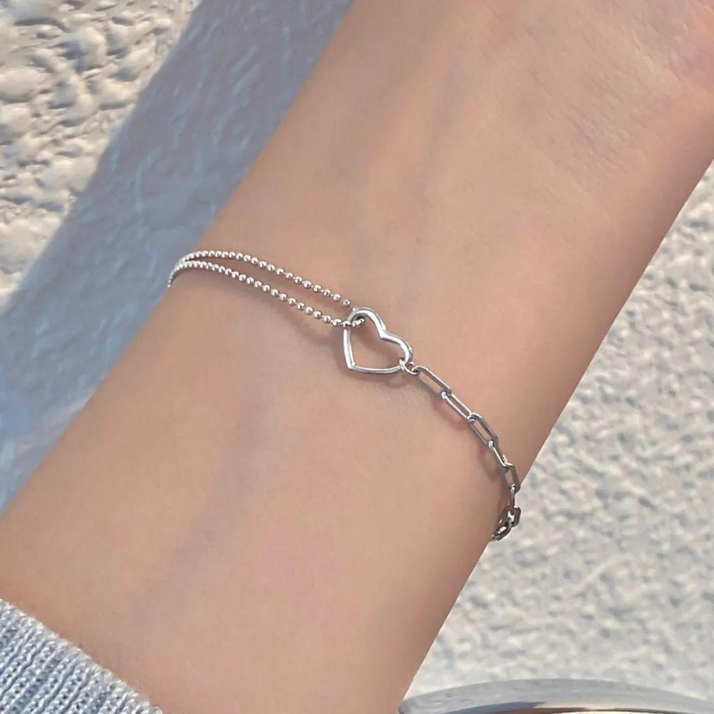 Korean-Style Hollow Silver Heart Bracelet: Double Layer, Simple and Fashionable
