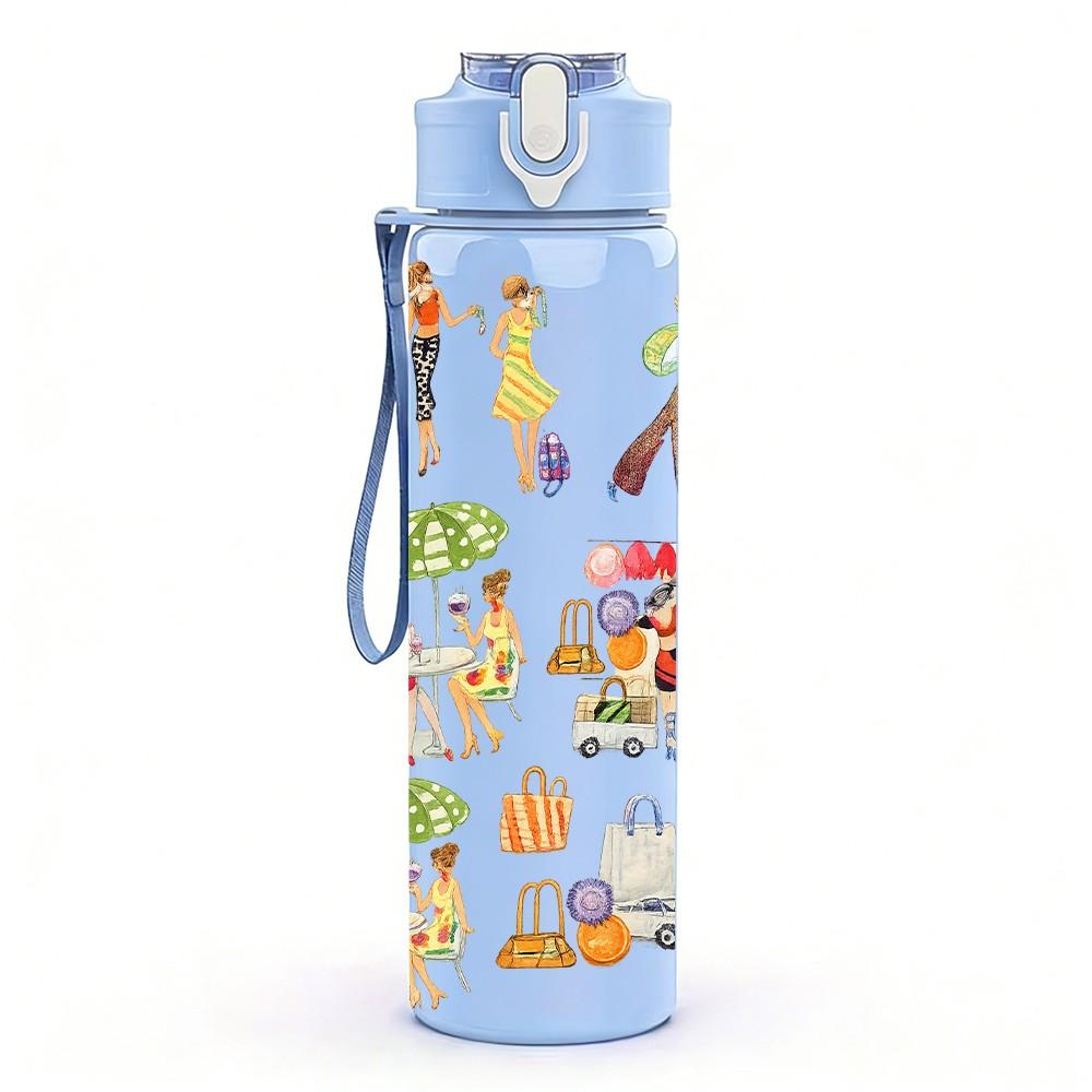 1PC Retro Folk Art Character Parade Print 750ml Color Plastic Sports Water Bottle Leakproof Flip Straw Lid Suitable for Sports Office Home Use