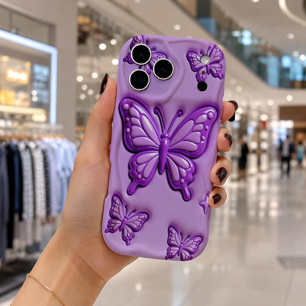 Gradient Purple Butterfly Phone Case for iPhone 16 15 14 Pro Max 13 12 11 Mini XR XS SE Wavy Edge Soft Cover