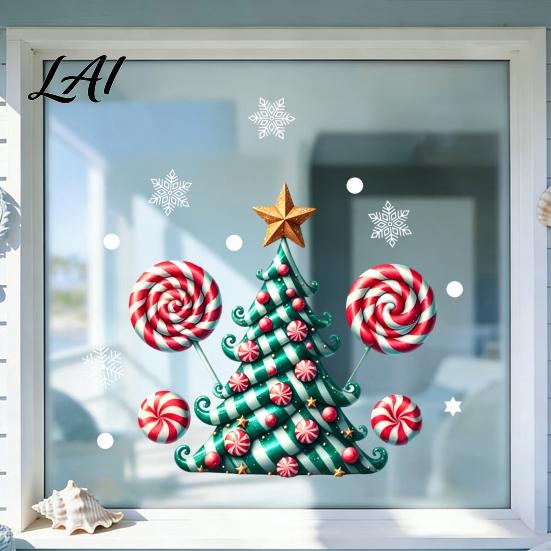 Christmas Tree Wall Decals Candy Window Static Sticker Waterproof PVC Removable Cane Holiday Stickers Glass Clings Decorative Decal for Store
