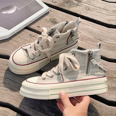 Zapatos de lona de caña alta para primavera y otoño, zapatos versátiles chic de nicho para mujer, zapatos casuales nuevos para estudiantes con suela gruesa