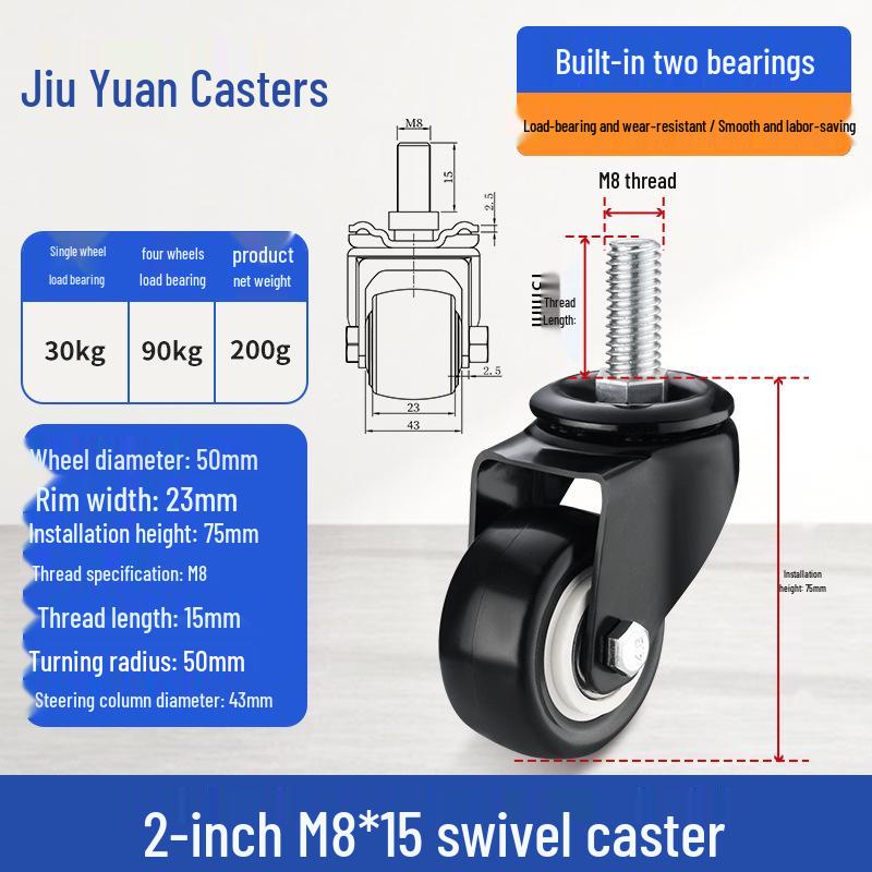 Black Heavy-Duty Swivel Casters with Brakes for Furniture, Cabinets & Industrial Use, Double Bearing Wheels