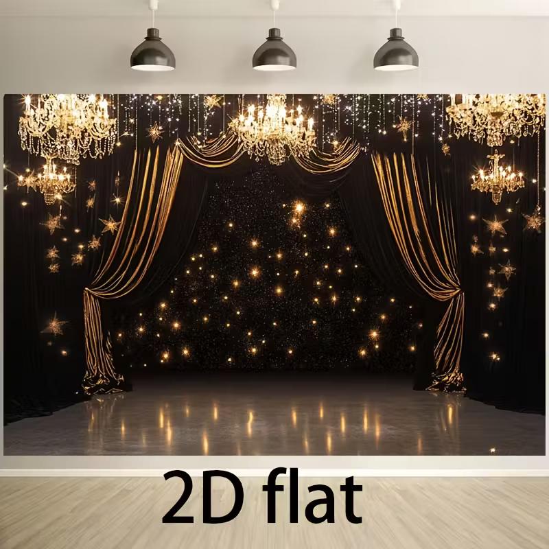 Black Gold Stage Curtain Tapestry, Chandelier Starlight Background Cloth, Party Prom Backdrop